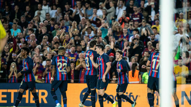 Barcelona players pictured celebrating during their 1-0 win over Celta Vigo in October 2022